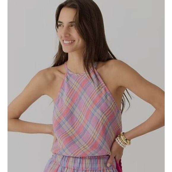 J. CREW Amber 100% Linen Madras Plaid Tank Top Beach Preppy Size M - Picture 1 of 6